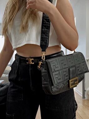 Fendi Black Embossed FF Leather Shoulder Bag with Gold HW large w special strap